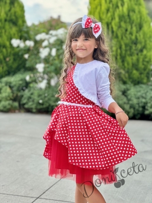 Комплект от официална детска рокля в червено на бели точки и бяло болеро11