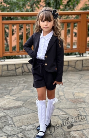 Детски комплект 3 части за момиче от къси панталонки , сако в черно и официална блуза с дълъг ръкав в бяло с дантела7
