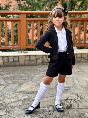 Детски комплект 3 части за момиче от къси панталонки , сако в черно и официална блуза с дълъг ръкав в бяло с дантела8
