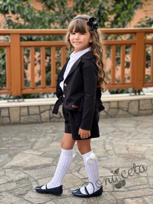 Детски комплект 3 части за момиче от къси панталонки , сако в черно и официална блуза с дълъг ръкав в бяло с дантела10