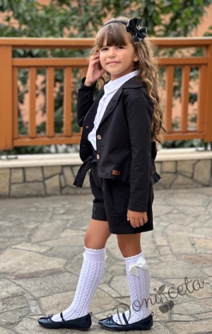 Детски комплект 3 части за момиче от къси панталонки , сако в черно и официална блуза с дълъг ръкав в бяло с дантела10