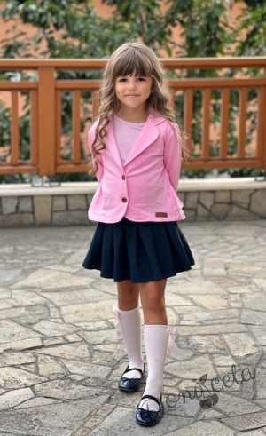 Комплект за момиче от пола в тъмносиньо и сако в розово