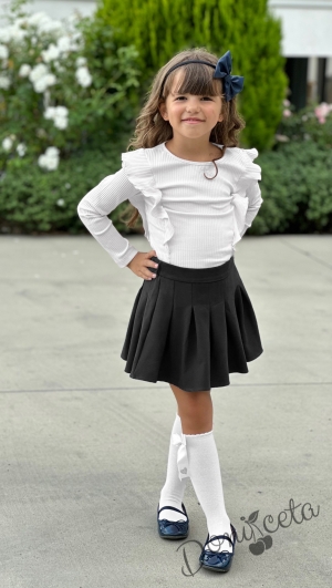 Комплект от пола в черно Ния и блуза с дълъг ръкав бяло с къдрички