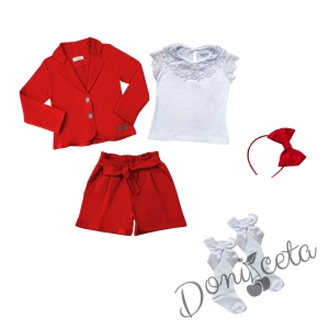 Комплект за момиче от 5 части - къси панталони със сако в червено, блуза с къс ръкав и дантела в бяло, диадема в червено и чорапи в бяло 1