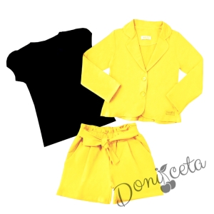 Детски комплект от 4 части - къси панталонки и сако в жълто с тениска в черно и диадема в жълто и черно 2