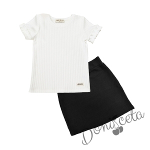 Комплект от права пола в черно и ефектна блуза с къс ръкав в бяло 1