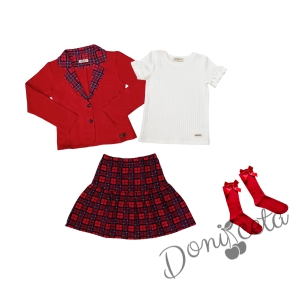Детски комплект за момиче от 4 части - карирана пола и сако в червенос каре и рипсана блуза в бяло с къс ръкав с чорапи