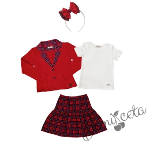 Детски комплект за момиче от 4 части - карирана пола и сако в червено с каре и рипсана блуза в бяло с къс ръкав с диадема 1