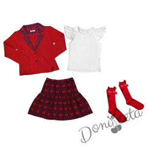 Комплект за момиче от 4 части - карирана пола и сако в червено, блуза в бяло с къс ръкав и чорапи 1
