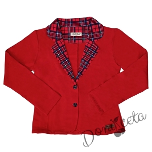 Комплект за момиче от 4 части - карирана пола и сако в червено, блуза в бяло с къс ръкав и диадема 4