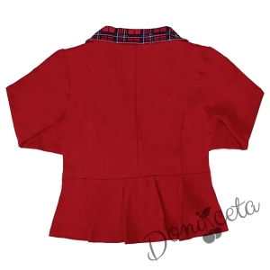 Комплект за момиче от 4 части - карирана пола и сако в червено, блуза в бяло с къс ръкав и диадема 5