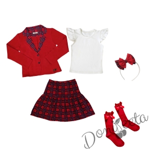 Комплект за момиче от 5 части - карирана пола и сако в червено, блуза в бяло с къс ръкав, чорапи и диадема 1