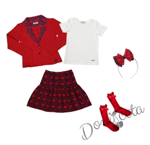 Комплект за момиче от 5 части - карирана пола и сако в червено, рипсана блуза в бяло с къс ръкав, чорапи и диадема 1