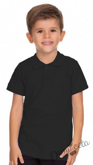 Детска блуза в черно с къс ръкав и яка