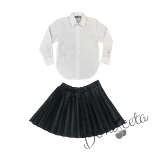 Комплект з момиче от кожена пола солей в черно и риза с дълъг ръкав в бяло 1