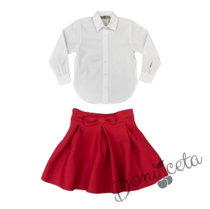 Комплект от пола в червено с панделка и риза с дълъг ръкав с в бяло Анди