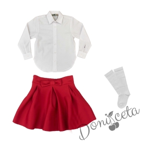 Комплект от 3 части - пола в червено с панделка, риза с дълъг ръкав с в бяло Анди и чорапи