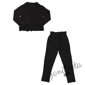 Комплект 2 части-панталон с висока талия  и сако с харбали и панделка в черно 1