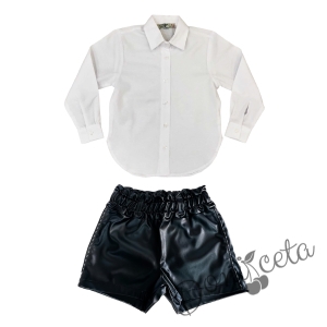 Комплект за момиче от кожени къси панталони в черно на Viki Craze риза в бяло с дълъг ръкав 1