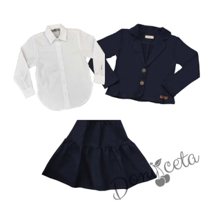 Комплект за момиче от 3 части - сако и пола в тъмносиньо и риза с дълъг ръкав в бяло Анди