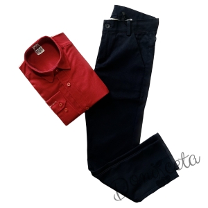 Комплект за момче от панталон Contrast в черно и риза с дълъг ръкав в червено