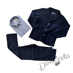 Комплект от 3 части за момче - панталон и сако в тъмносиньо Contrast, риза с дълъг ръкав каре в тъмносиньо