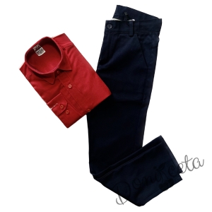 Комплект за момче от панталон Contrast в тъмносиньо и риза с дълъг ръкав в червено