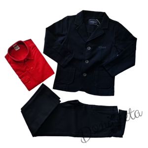 Комплект от 3 части за момче - панталон и сако в тъмносиньо Contrast, риза с дълъг ръкав в червено