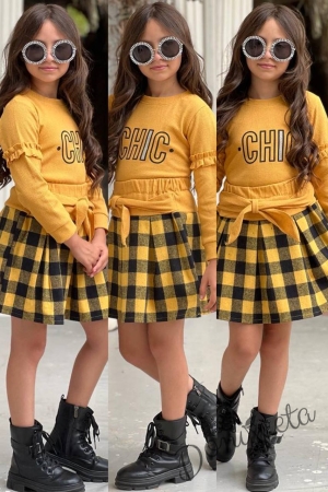 Детски комплект за момиче от карирана пола в жълто и черно и блуза с дълъг ефектен ръкав и ластик в жълто 1
