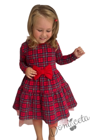 Детска рокля с дълъг ръкав в червено каре с панделка