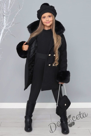 Комплект от 5 части в черно - палто, шапка, чанта ,клин и блуза с дълъг ръкав