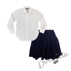 Комплект от пола в тъмносиньо Мая и риза с дълъг ръкав с в бяло Анди