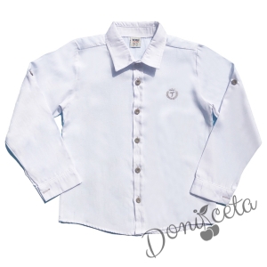 Детска риза с дълъг ръкав за момче в бяло с бежови копчета 1