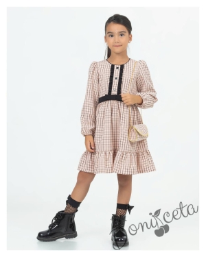 Детска рокля в бежово каре с чантичка Полина