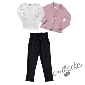 Комплект 3 части - панталон с висока талия в черно, сако с харбали и панделка в пепел от рози и блуза с дълъг ръкав с къдрици в бяло 1