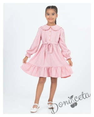 Детска рокля в розово каре с чантичка Паулина