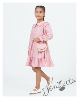 Детска рокля в розово каре с чантичка Паулина 2