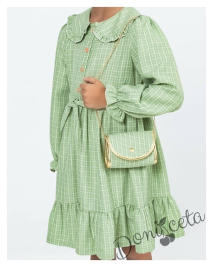 Детска рокля в зелено каре с чантичка Паулина 3