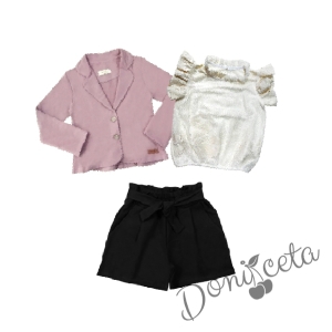 Детски комплект за момиче от 3 части - къси панталонки в черно, сако в пепел от рози и блуза с къс ръкав и дантела в шампанско/екрю 1