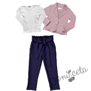 Комплект 3 части - панталон с висока талия в тъмносиньо, сако с харбали и панделка в пепел от рози и блуза с дълъг ръкав с къдрици в бяло