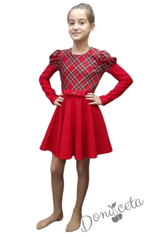 Детска рокля каре в червено с дълъг ръкав 