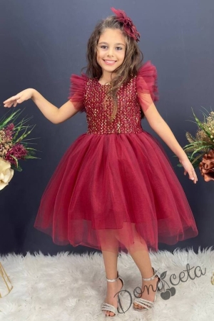Официална детска рокля с къс ръкав Набел в бордо с пайети и панделка за коса 2
