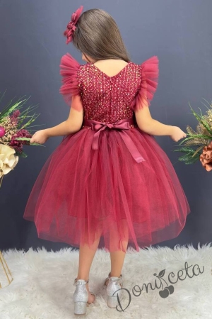 Официална детска рокля с къс ръкав Набел в бордо с пайети и панделка за коса 3