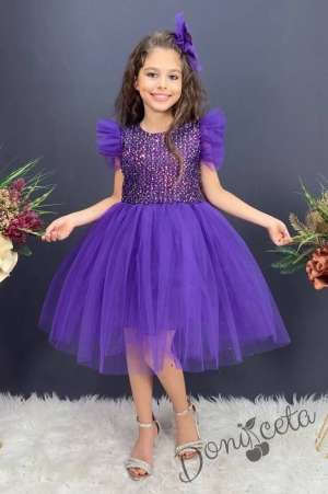 Официална детска рокля с къс ръкав Набел в лилаво с пайети и панделка за коса 1