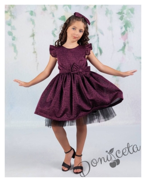 Официална детска рокля с къс ръкав брокат Канди в тъмнолилаво 1