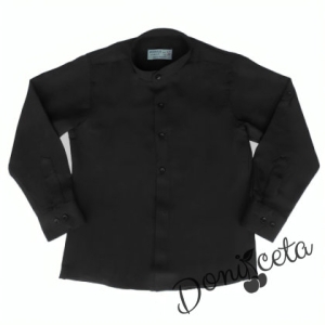 Комплект от риза с дълъг ръкав в черно без яка и дълги спортно-елегантни дънки в тъмносиньо 2