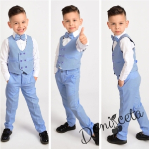 Официален комплект за момче  в светлосиньо от 4 части панталон , елек , риза в бяло, и папийонка