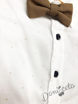 Бебешки комплект от риза в бяло на точки, панталон, тиранти и папийонка в бежово 2
