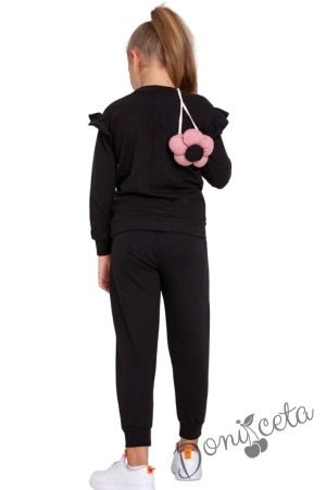 Детски комплект от блуза с къдрици и панталон в черно с подарък 2
