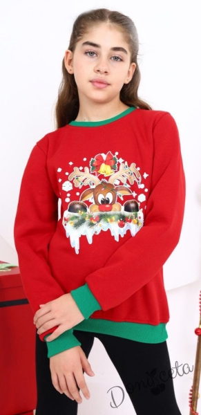 Коледна ватирана блуза за момиче с еленче и звънче в червено 1